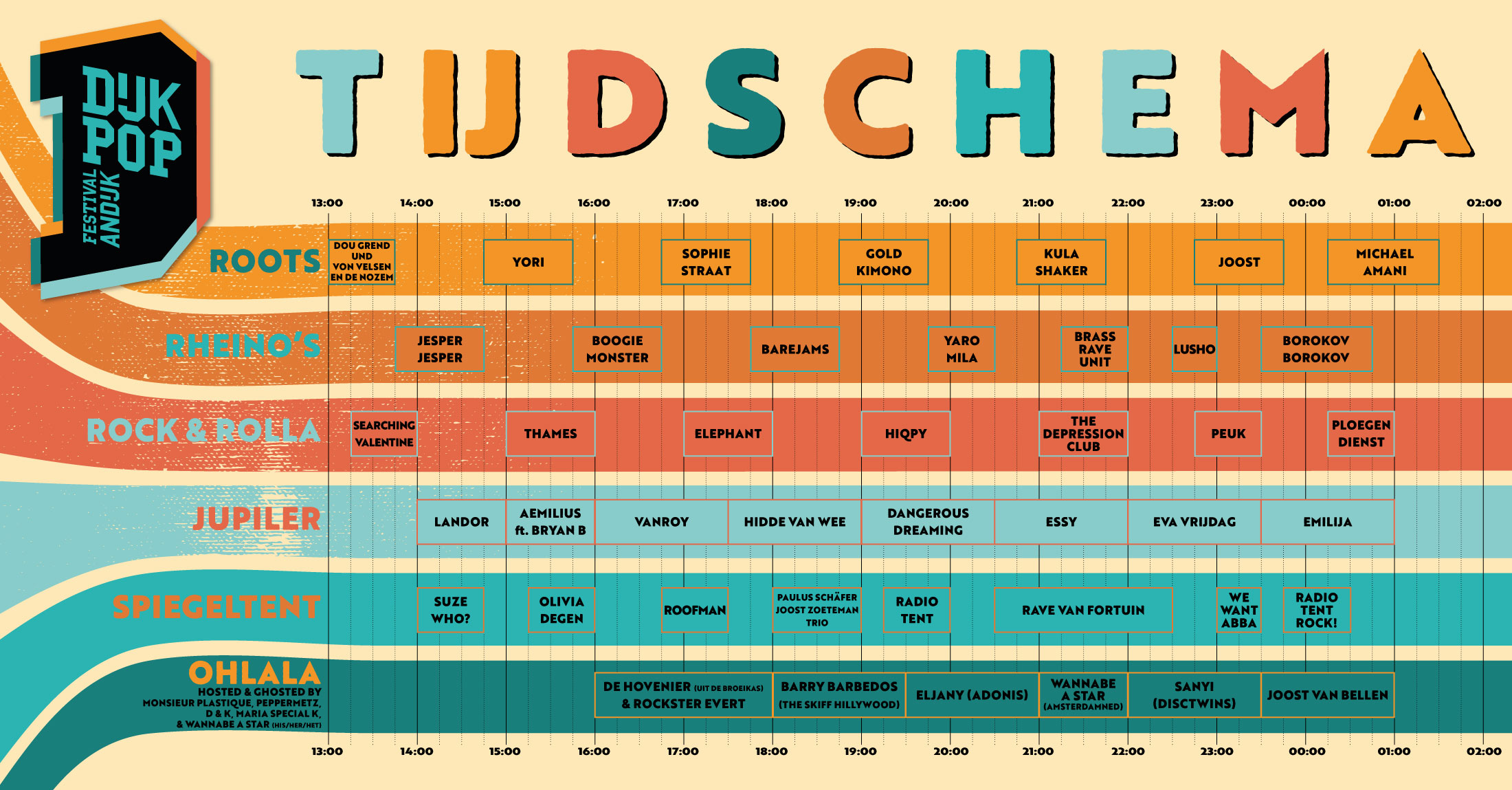 Tijdschema, line up, blokkenschema van dijkpop festival